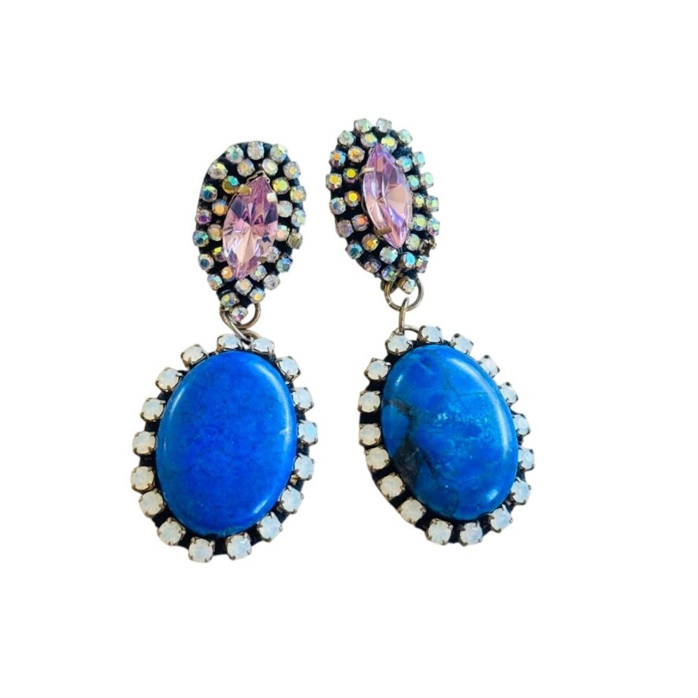 VTG Sparkly Earrings Lapis Cabochon Austrian Crystal Rhinestone Pierced Dangle